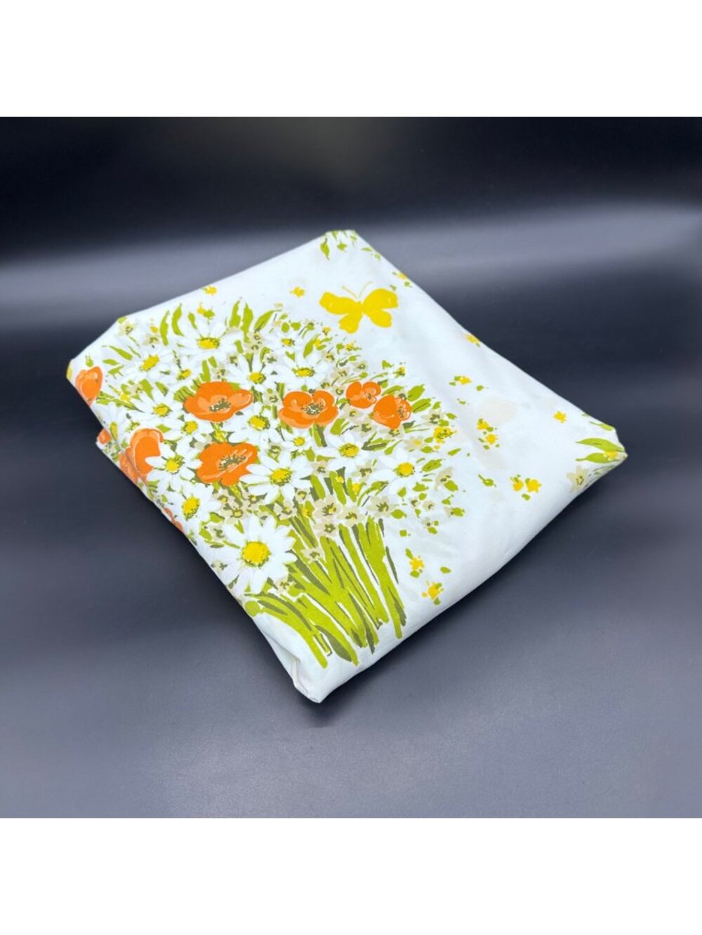 Vintage Full Flat Sheet Floral Daisy Butterfly Orange Yellow USA Flower Power